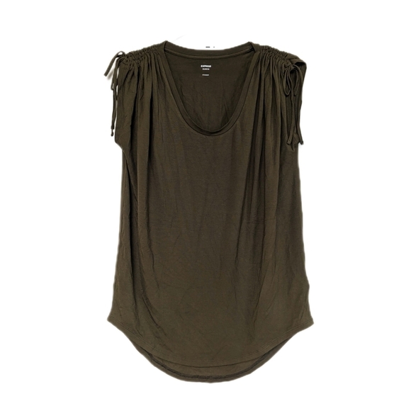 Express Relax Fit Oversized Tee Ruched Shoulders Sleeveless Avocado Green- sz XS - Picture 2 of 8